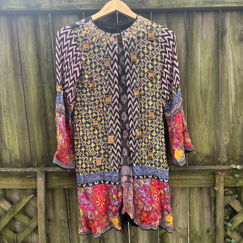 Sapphire 100% Silk Patchwork Tunic Top Kurta Longline Jeweled Boho Prints Sz XS